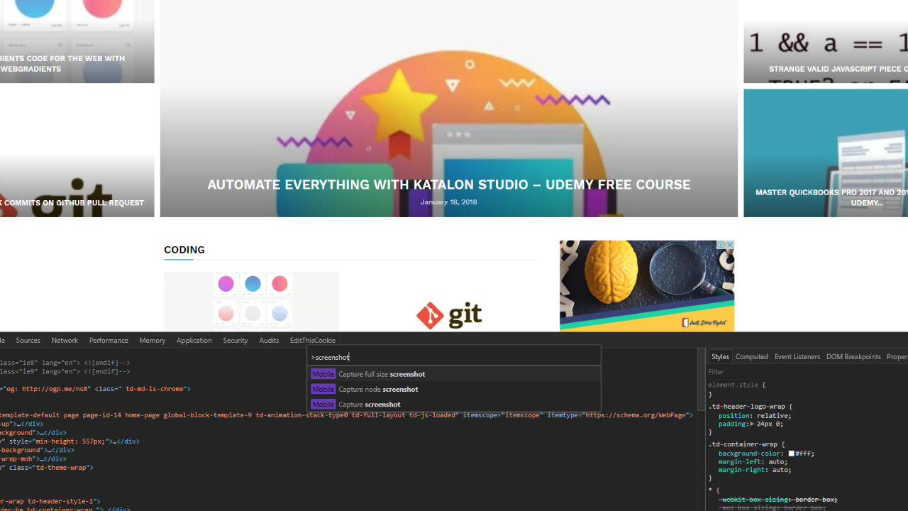 Capture website screenshot with Chrome Developer Tools