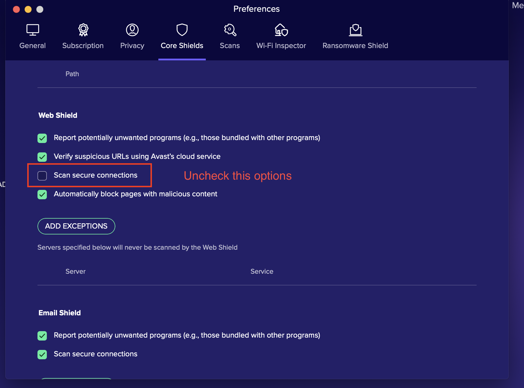 Uncheck secure scan on Web Shield in Avast Security